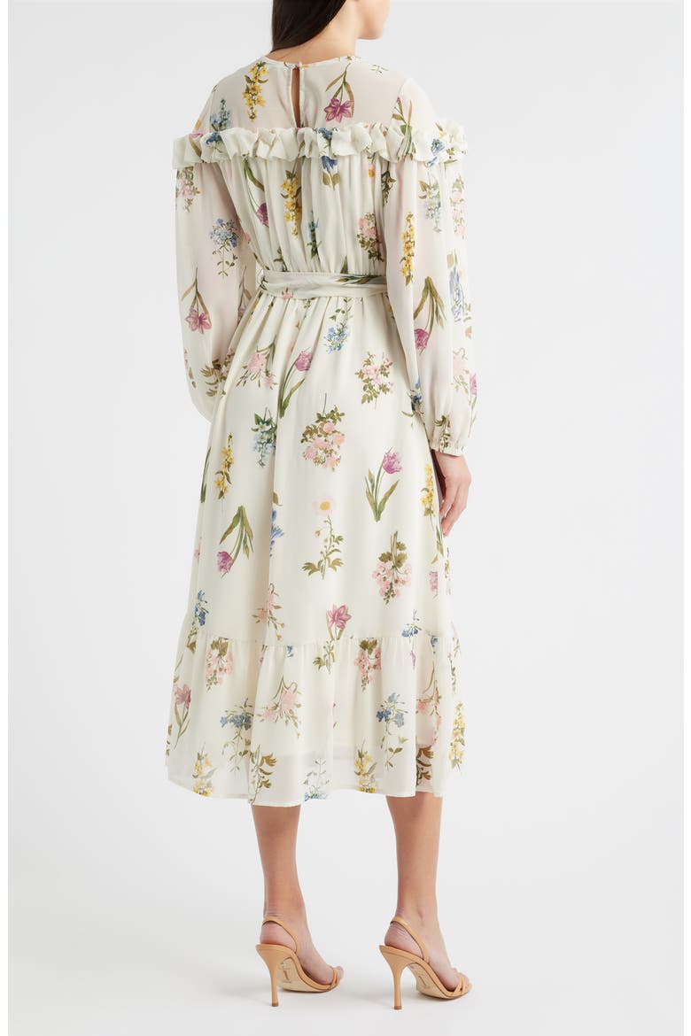 Printed Ruffle Long Sleeve Tie Belt Chiffon Midi Dress, Alternate, color, CREAM MULTI