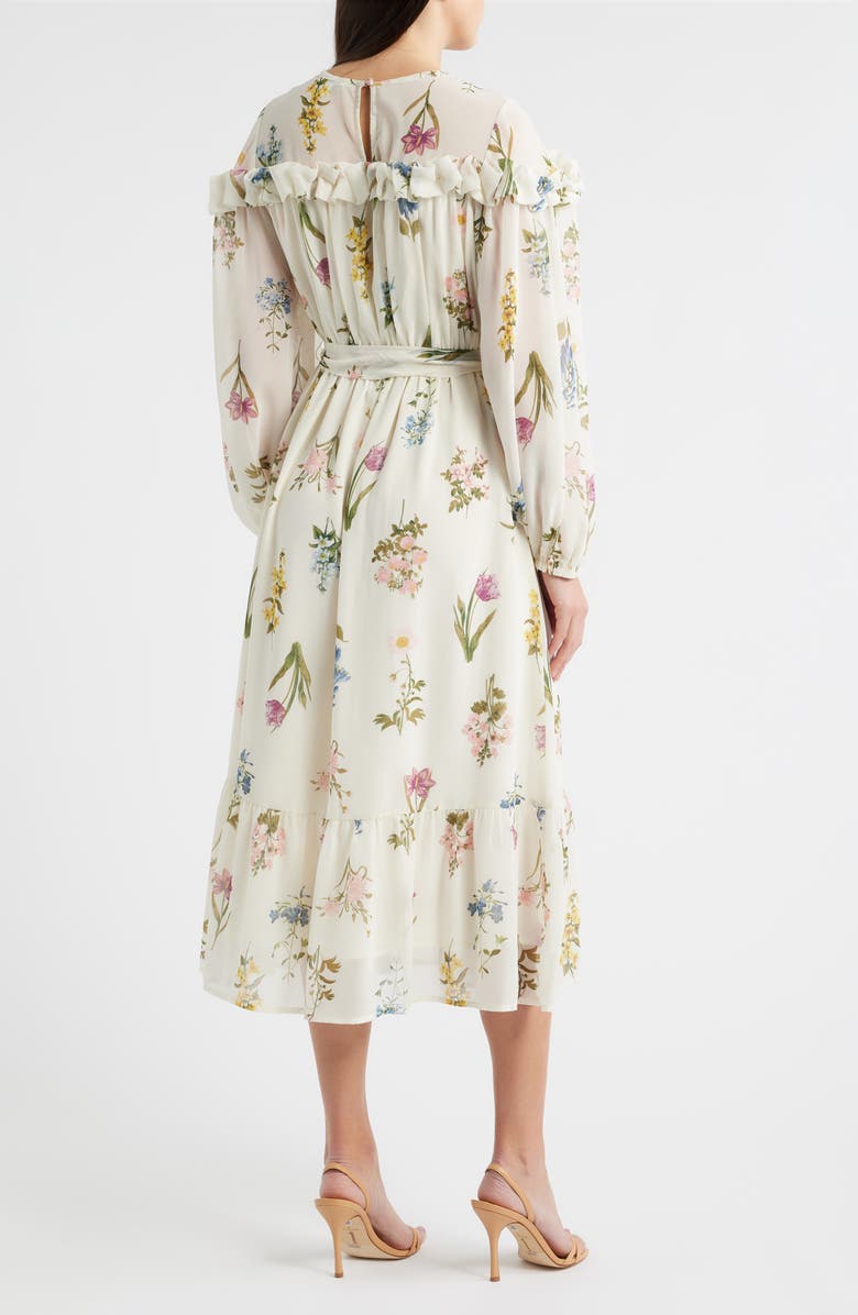 ZOE AND CLAIRE Printed Ruffle Long Sleeve Tie Belt Chiffon Midi Dress, Alternate, color, Cream Multi
