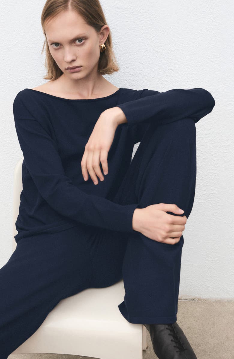 MANGO Split Hem Pull-On Straight Leg Knit Pants, Alternate, color, Dark Navy