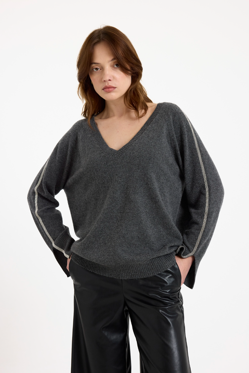 Brodie Pure Cashmere Glitz Split Cuff Relaxed V-neck Jumper