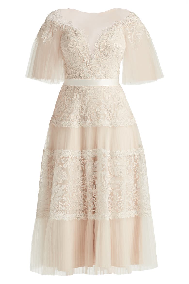 Lace & Mesh Flare Sleeve Midi Dress, Alternate, color, IVORY/ PETAL