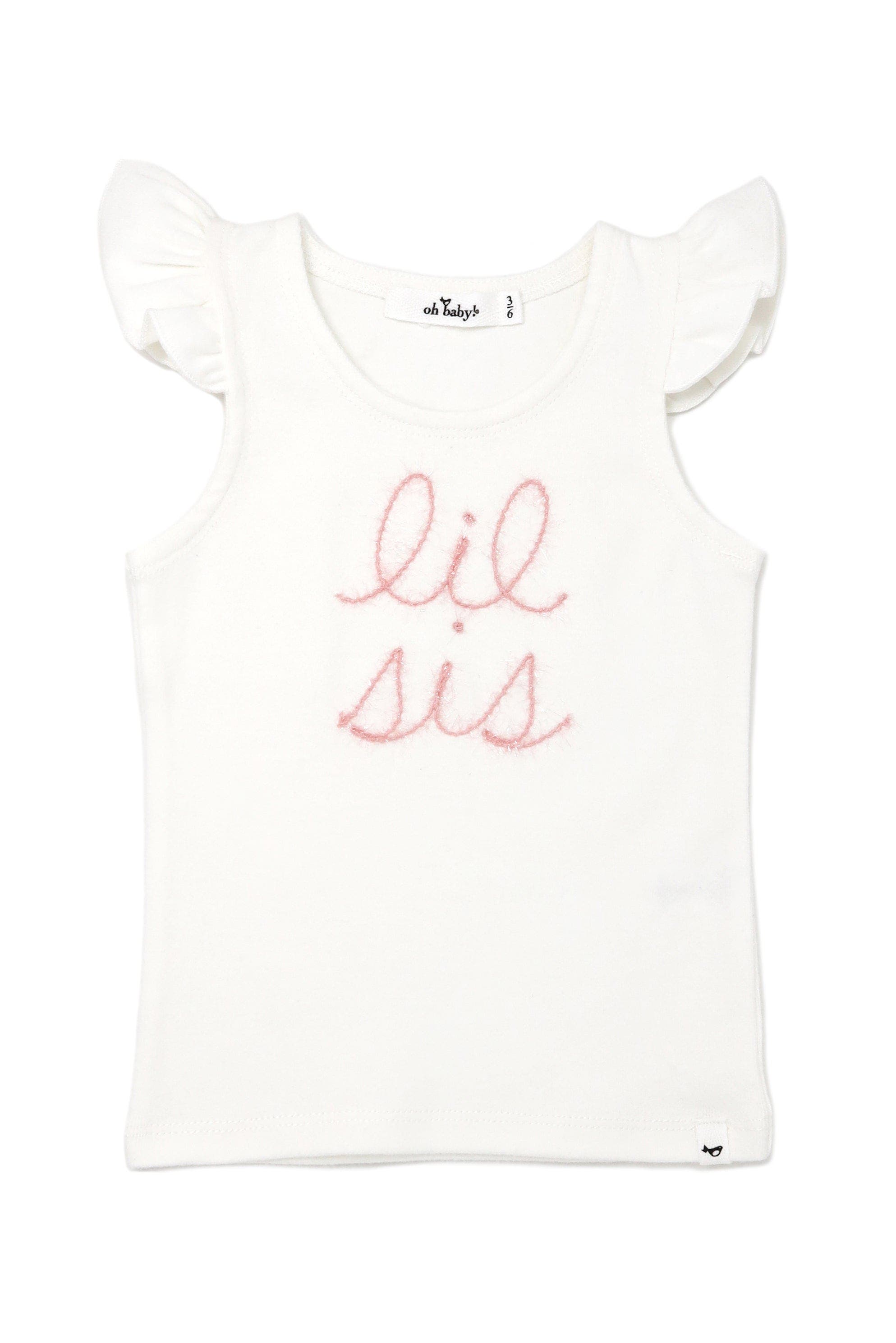 oh baby! "lil sis" Pink Embroidered Cotton Baby Rib Flutter Sleeve Tank in Cream 