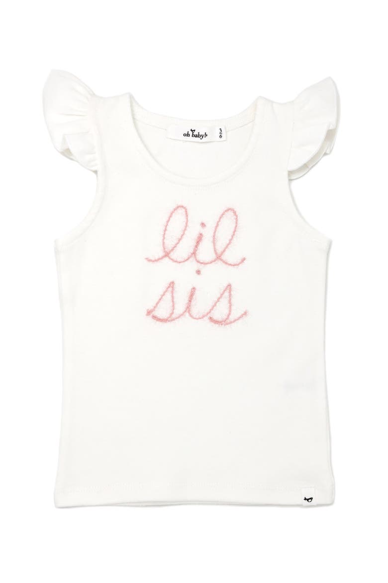 "lil sis" Pink Embroidered Cotton Baby Rib Flutter Sleeve Tank, Main, color, Cream