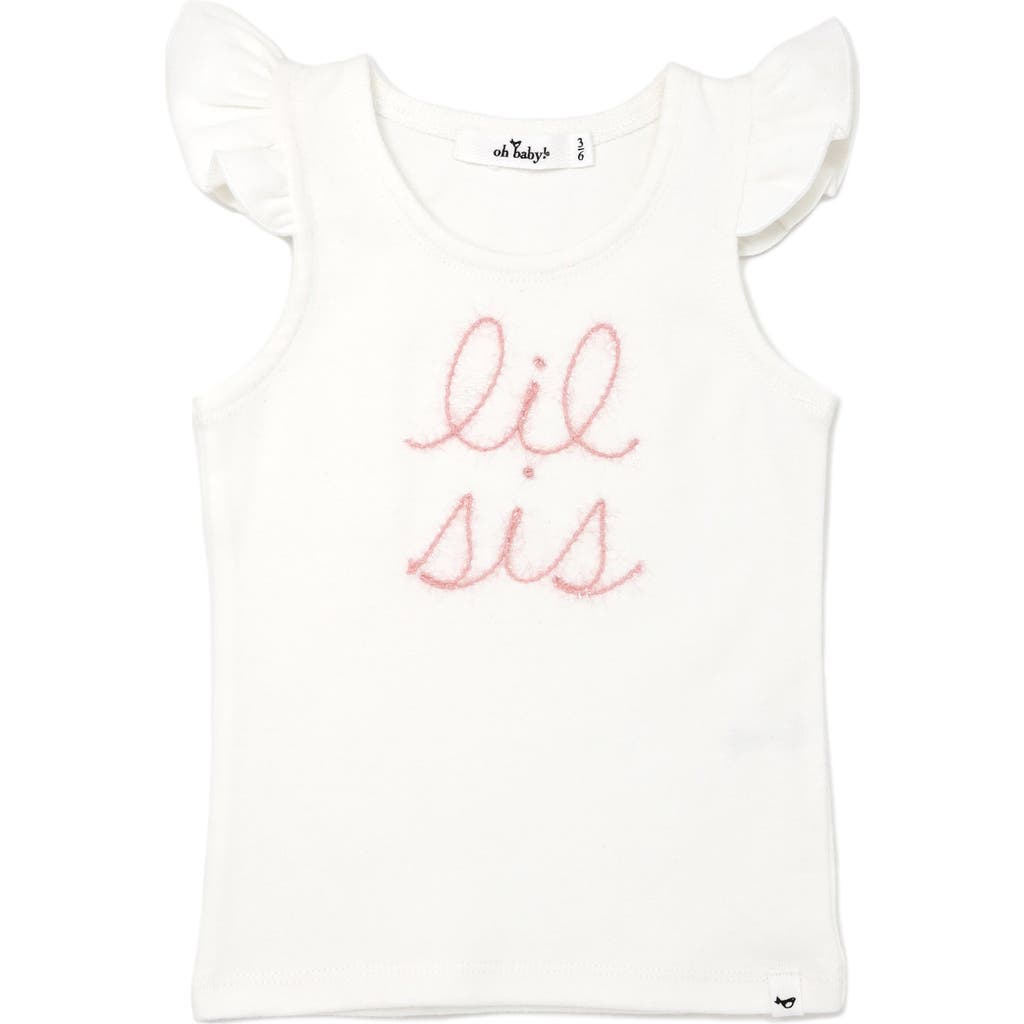 oh baby! "lil sis" Pink Embroidered Cotton Baby Rib Flutter Sleeve Tank in Cream  product
