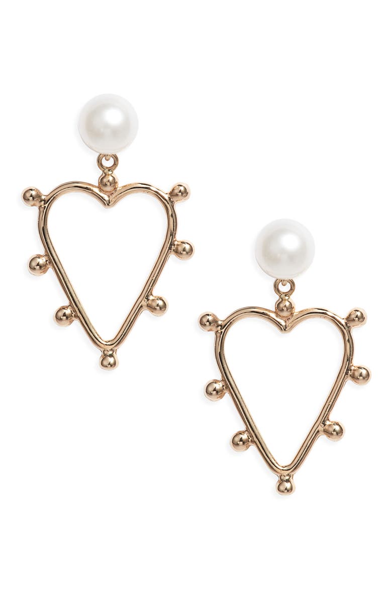Pearl Heart Drop Earrings, Main, color, PEARL/ 14K YELLOW GOLD