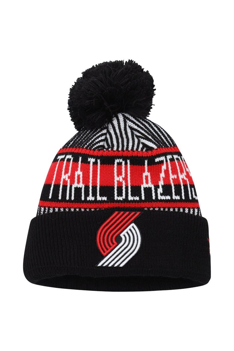 Youth New Era  Black Portland Trail Blazers Stripe Cuffed Knit Hat with Pom, Main, color, Black