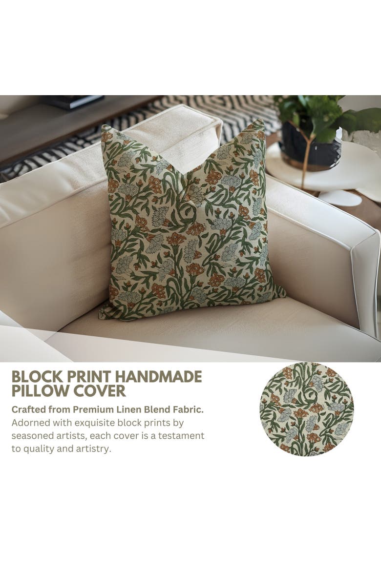 Thorny Stems  Handmade Block Printed Pillow Cover, Alternate, color, Green