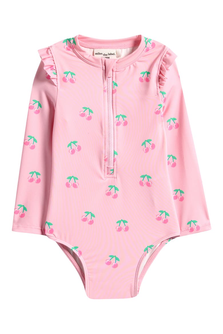 Ruffle Long Sleeve One-Piece Rashguard Swimsuit, Main, color, LIGHT PINK
