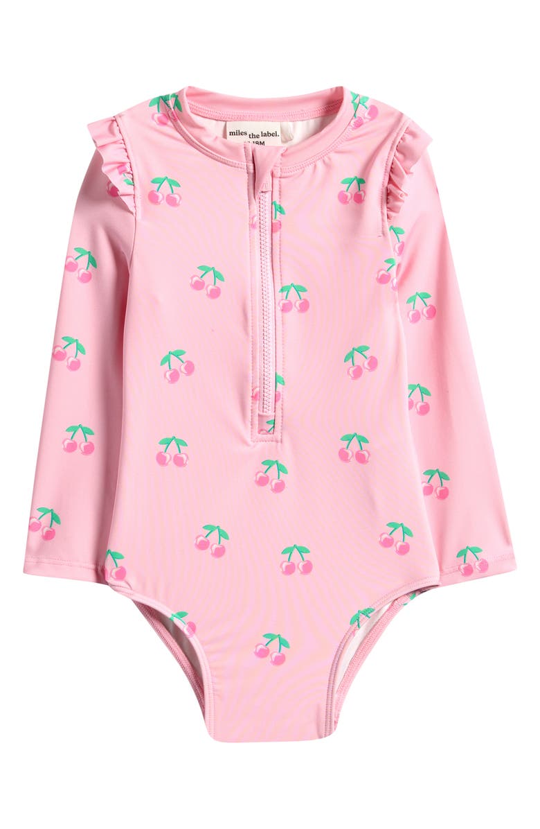 MILES THE LABEL Ruffle Long Sleeve One-Piece Rashguard Swimsuit, Main, color, Light Pink