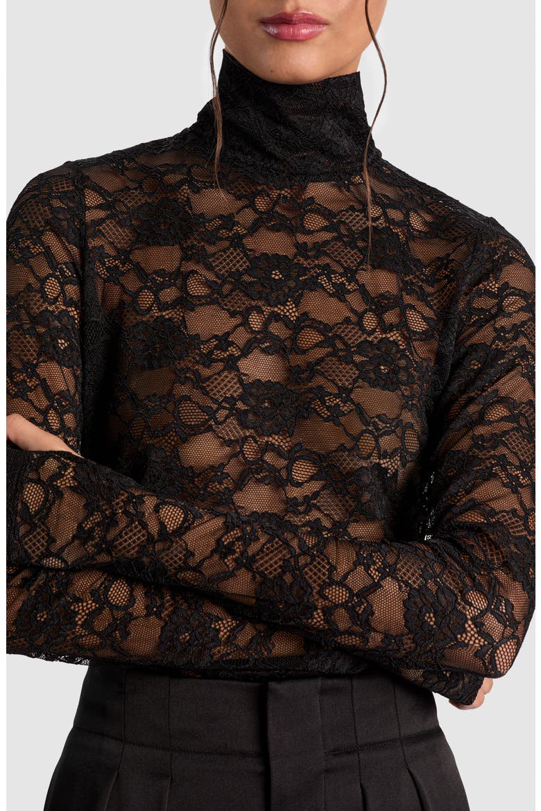 Delaina Lace Turtleneck Top, Alternate, color, BLACK