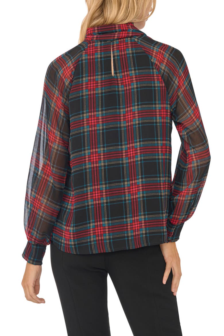 Plaid Fringe Trim Tie Neck Top, Alternate, color, RICH BLACK