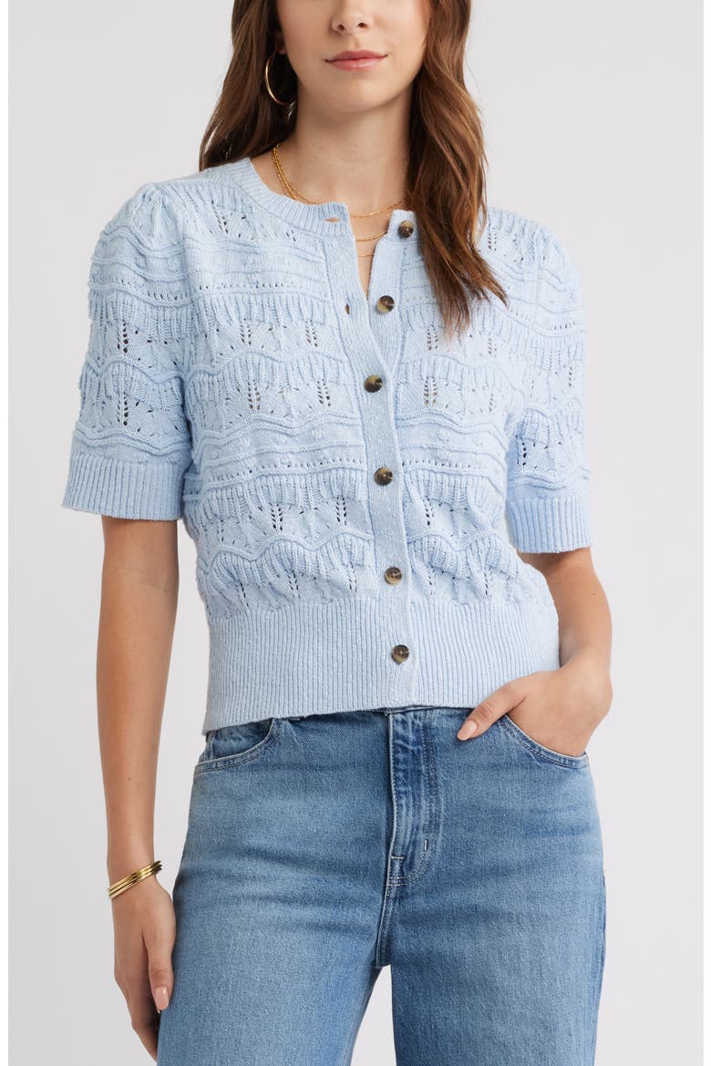 Short Sleeve Pointelle Cardigan, Main, color, BLUE SKYWAY