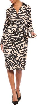 London Times Faux Wrap Long Sleeve Dress