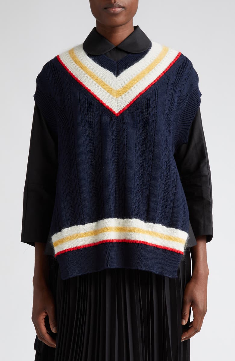 Tao Comme des Garçons Tie Accent Cable Knit Cotton & Wool Blend V-Neck Sweater Vest, Main, color,