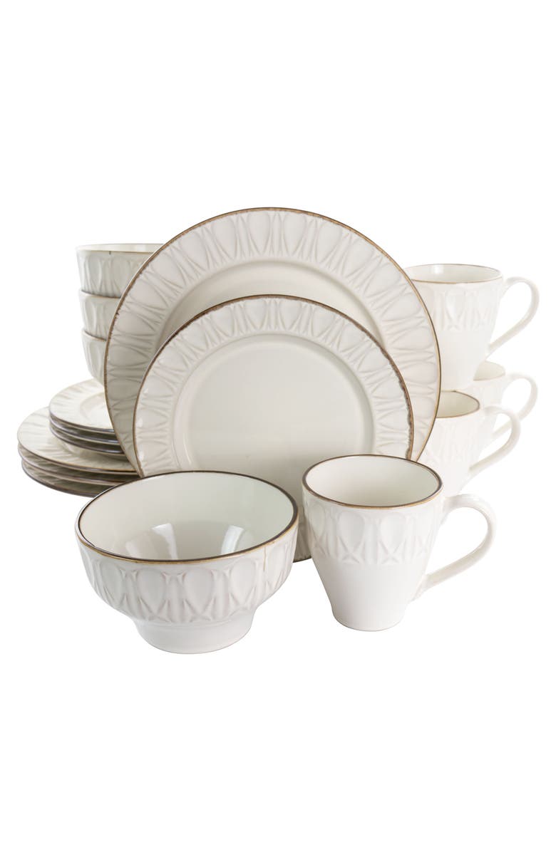 Gibson Elite Golden Halo 16 Piece Stoneware Dinnerware Set, Main, color, White