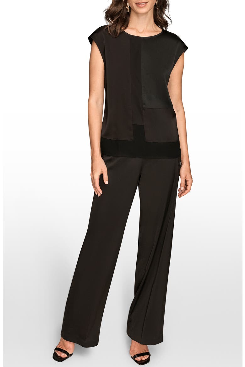 Mixed Media Cap Sleeve Top, Alternate, color, BLACK