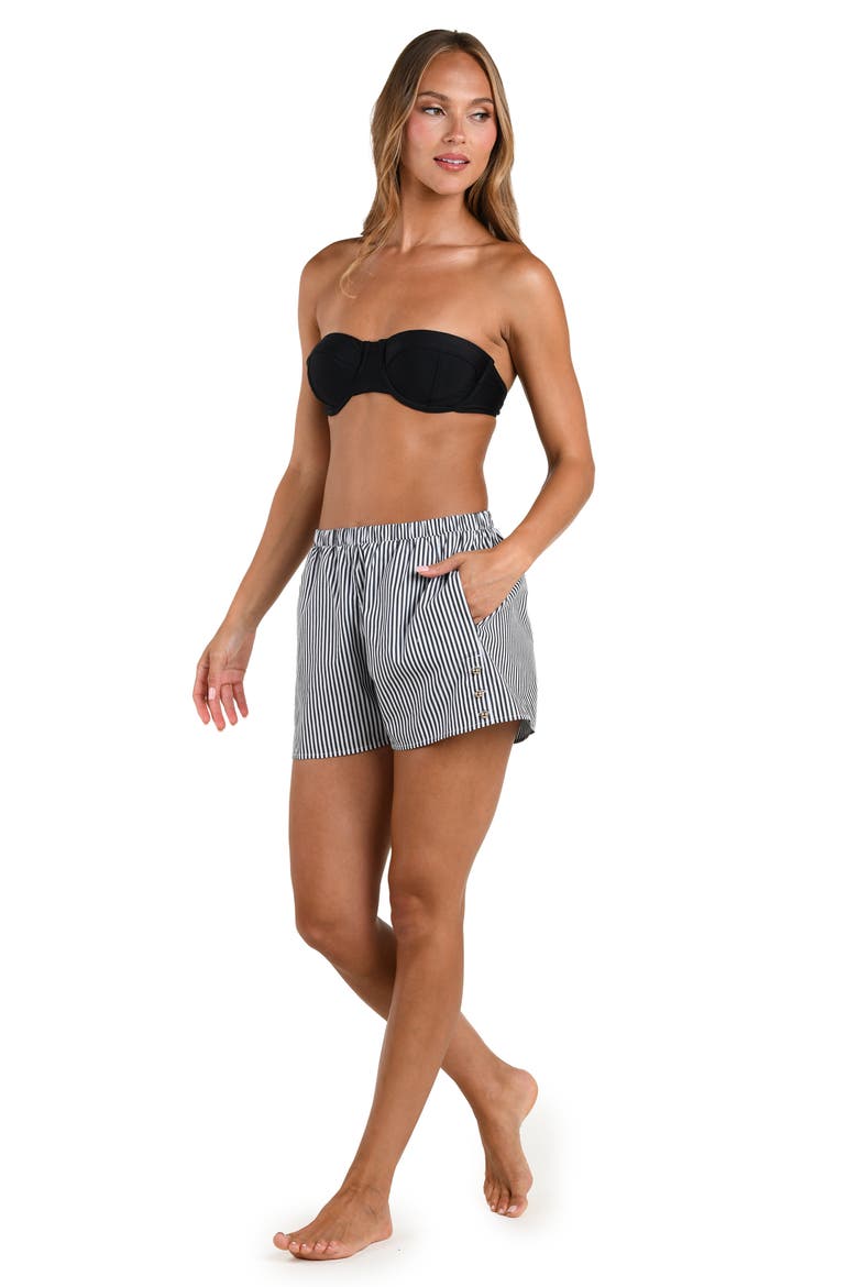 Amiya Voyage Stripe Cotton Poplin Cover-Up Shorts, Alternate, color, BLACK