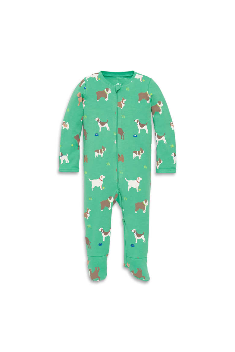Baby Organic Zip Footie In Fall Prints, Main, color, Jade Dog Park