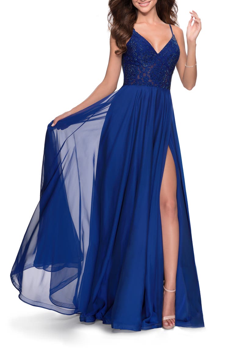 Chiffon Prom Dress with Sheer Floral Lace Bodice, Main, color, Marine Blue