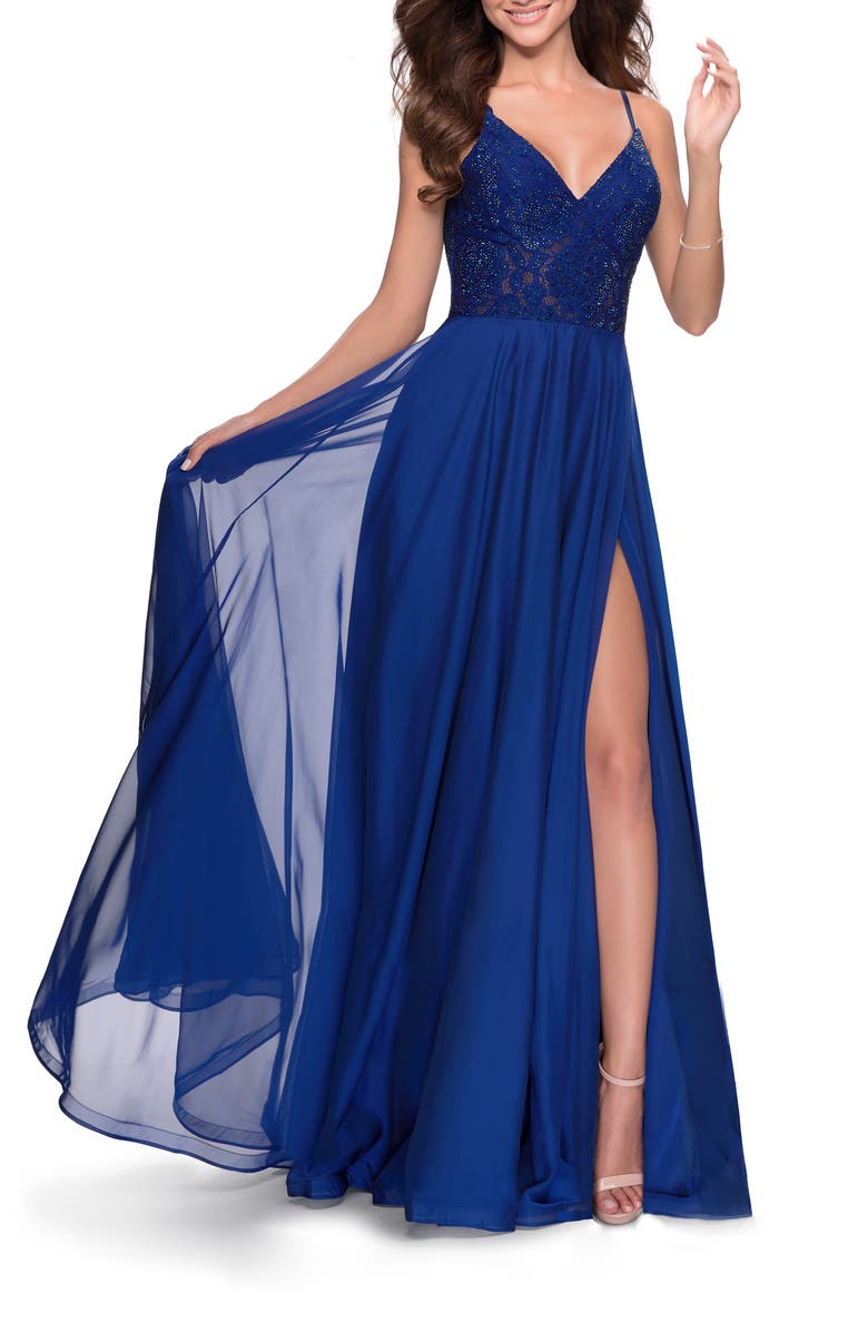 La Femme Chiffon Prom Dress with Sheer Floral Lace Bodice, Main, color, Marine Blue