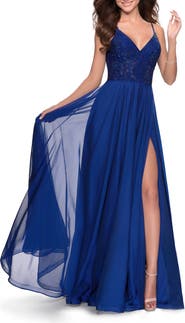 La Femme Chiffon Prom Dress with Sheer Floral Lace Bodice