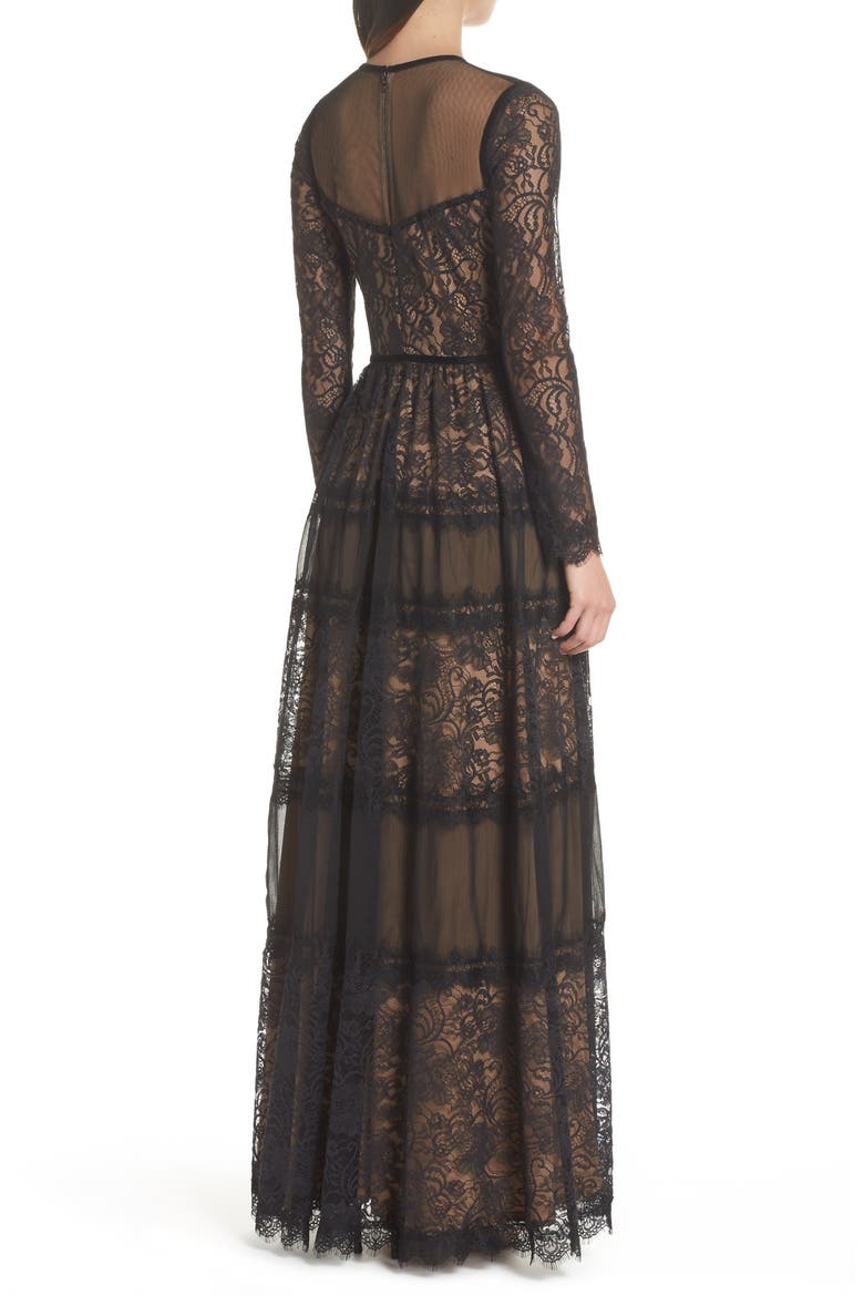 Long Sleeve Lace Gown, Alternate, color, BLACK/ NUDE