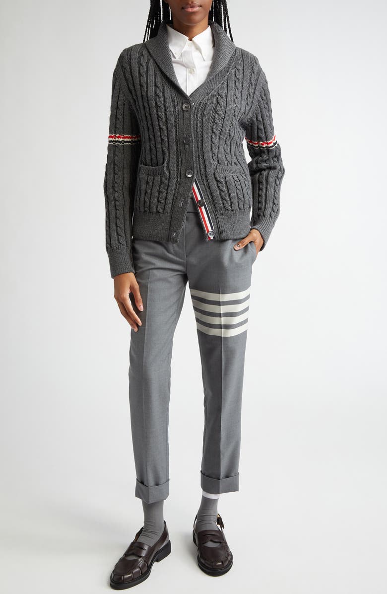 Thom Browne Shawl Collar Cable Knit Virgin Wool Cardigan, Alternate, color, Medium Grey
