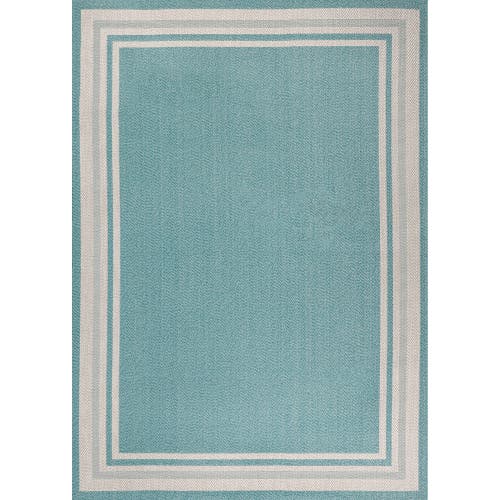 Jonathan Y James Modern Border Stripe Indoor/outdoor Area Rug In Aqua/beige