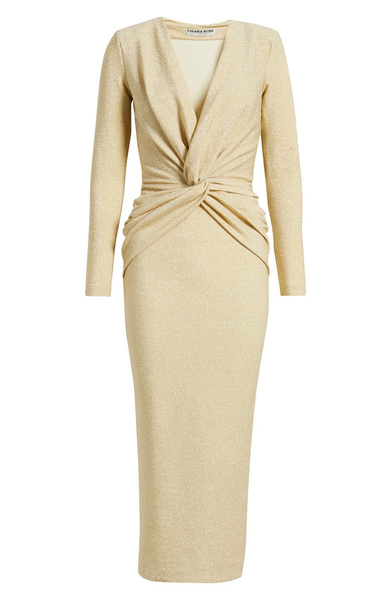 Chiara Boni La Petite Robe Jara Starry Metallic Twist Front Midi Gown, Alternate, color, Gold