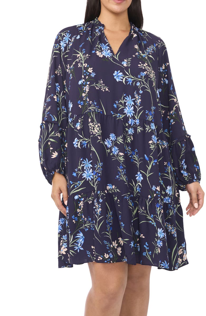 CeCe Floral Long Sleeve Babydoll Dress, Alternate, color, Classic Navy