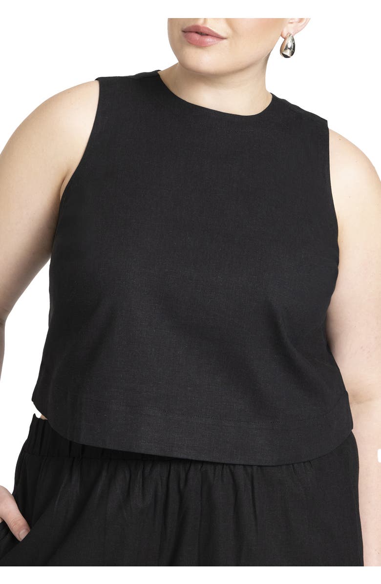 ELOQUII Linen-Blend Boxy Scoop Neck Crop Tank, Main, color, Black Oynx