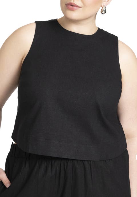 Linen-Blend Boxy Scoop Neck Crop Tank (Plus Available)
