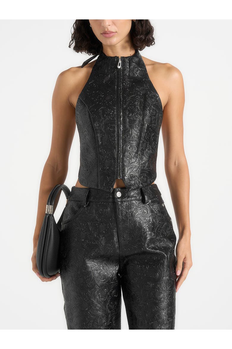 Claudette Embossed Leather Halterneck Backless Top, Alternate, color, Black
