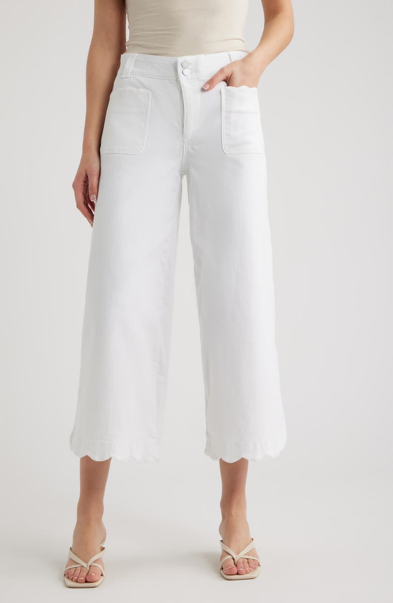Wit & Wisdom Scallop Patch Pocket High Waist Crop Wide Leg Twill Pants, Main, color, Optic White