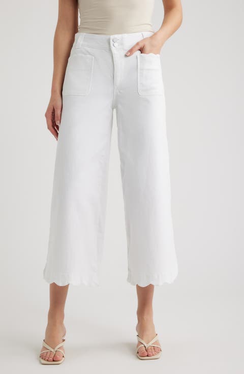 Scallop Patch Pocket High Waist Crop Wide Leg Twill Pants