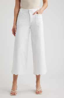 Scallop Patch Pocket High Waist Crop Wide Leg Twill Pants