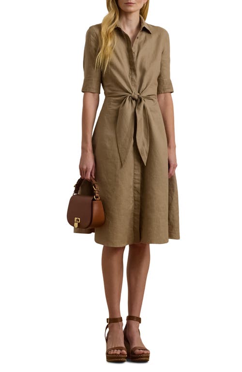 Ralph Lauren Tie-front Linen Shirtdress In Madison Tan