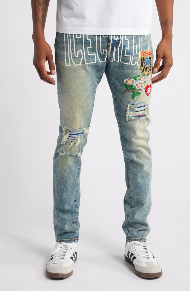 ICECREAM Certified Chocolate Distressed Ripped Knee Taper Leg Jeans, Main, color,