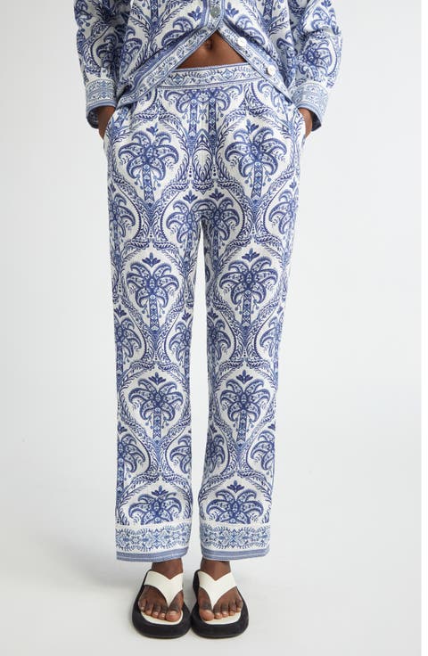 Tropical Print Linen Blend Pants