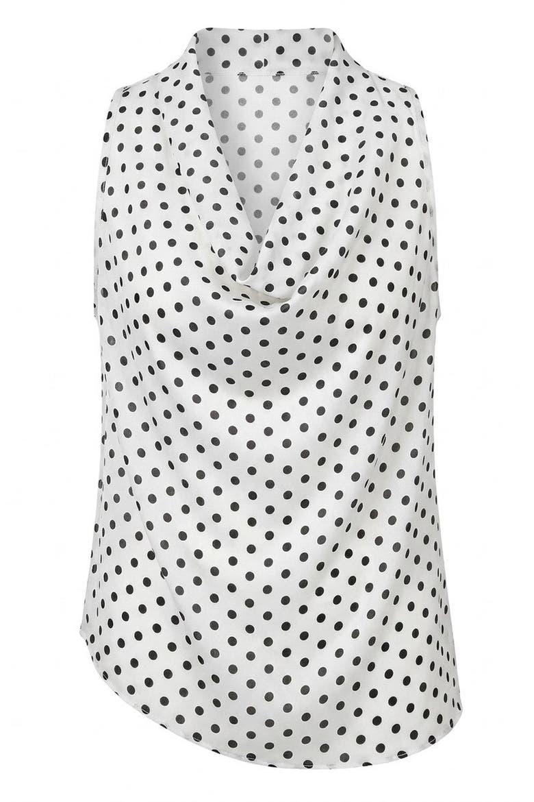 Sleeveless Polka Dot Drape Neck Waist Tie Blouse, Alternate, color, White
