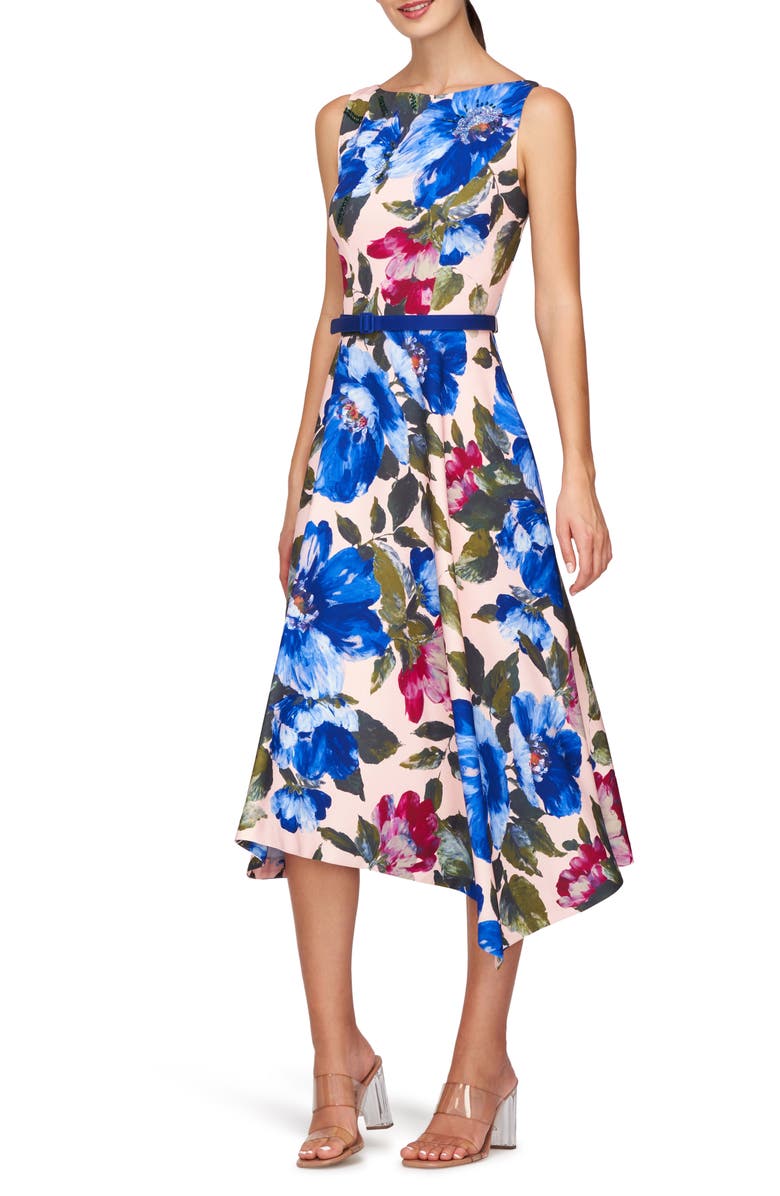 Kay Unger Goldie Floral Belted Midi Dress, Alternate, color, Spring Blue