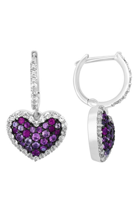 Pink Sapphire & White Sapphire Heart Drop Earrings