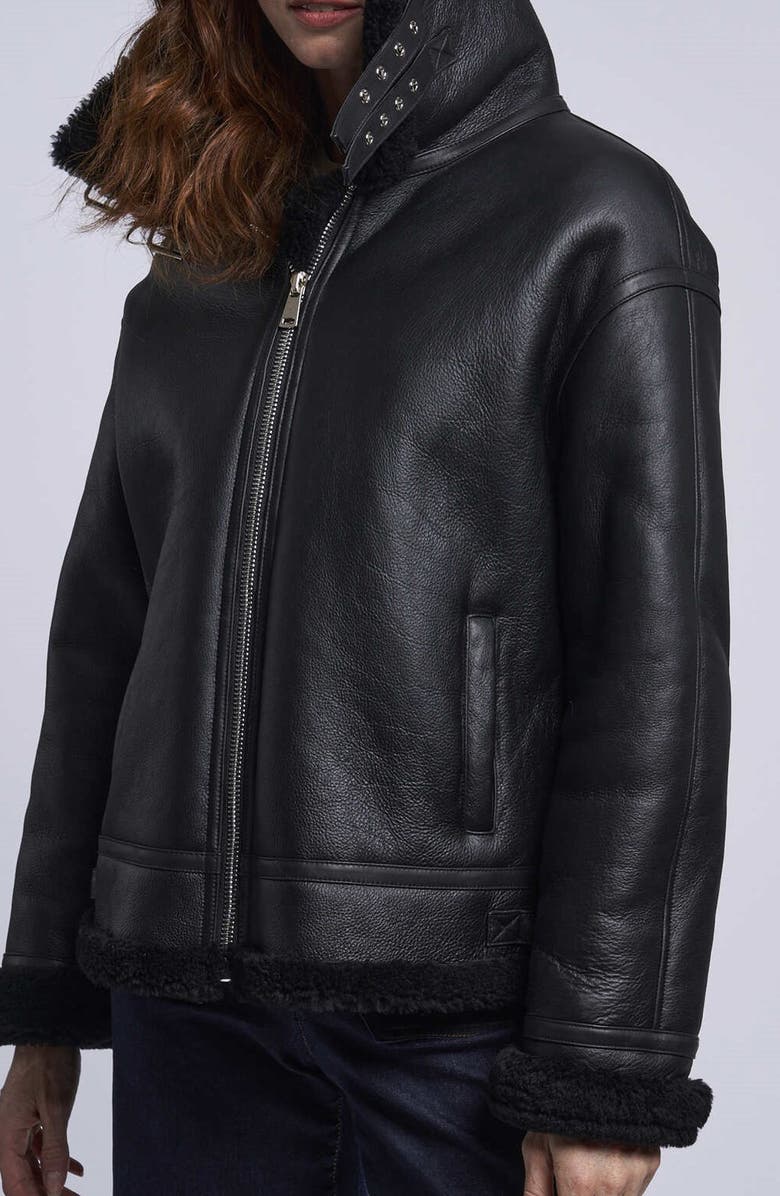 Blue Duck Leather Bomber Jacket with Genuine Shearling Trim, Alternate, color, Black