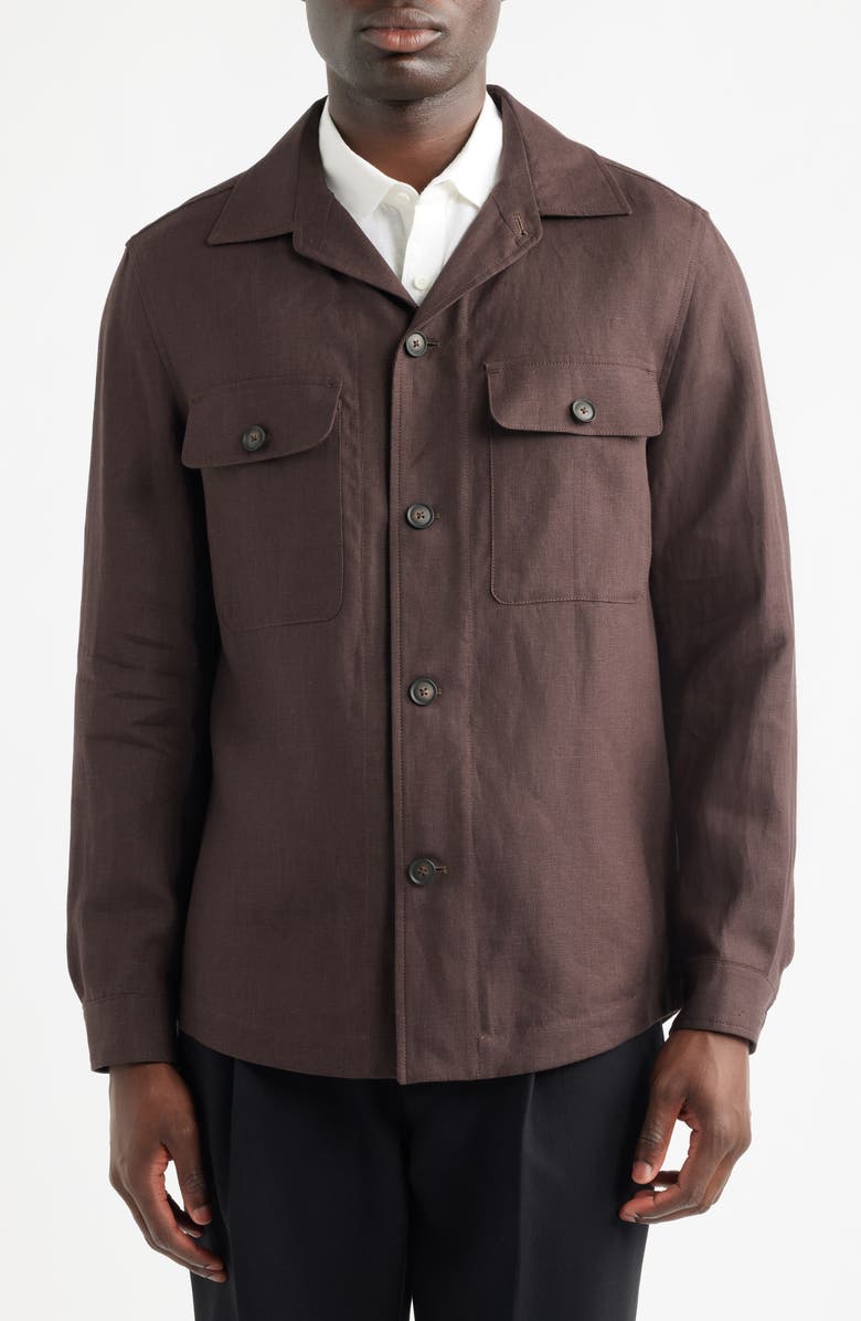 BOSS C-Carper Camp Collar Linen Button-Up Shirt, Alternate, color, Dark Brown