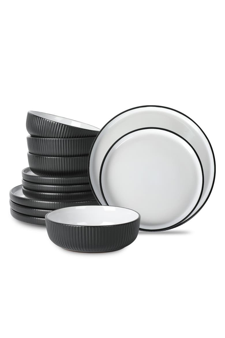 Laro Stoneware 12-Piece Dinnerware Set, Main, color, Black