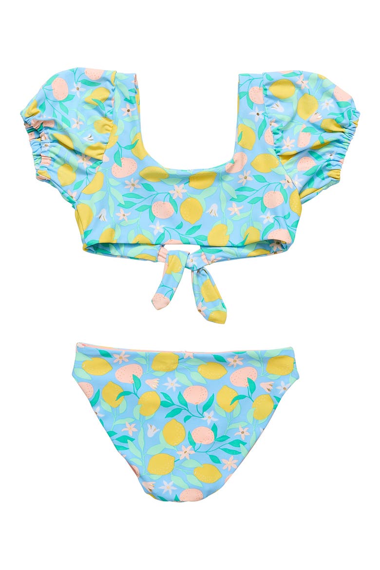 Kids' Lemon Drops Puff Sleeve Knot Front Two-Piece Swimsuit, Alternate, color, BLUE MULTI