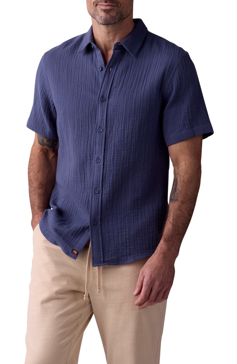 The Normal Brand Kalo Cotton Gauze Short Sleeve Button-Up Shirt, Main, color, Vintage Blue
