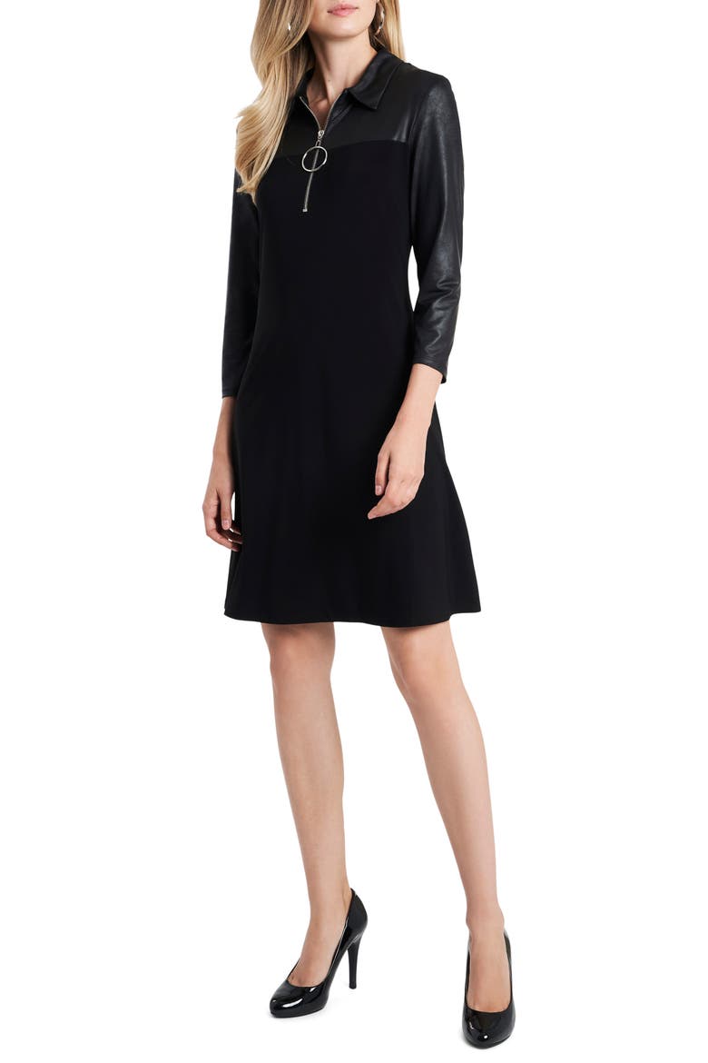 Faux Leather Mixed Media Shift Dress, Main, color, BLACK