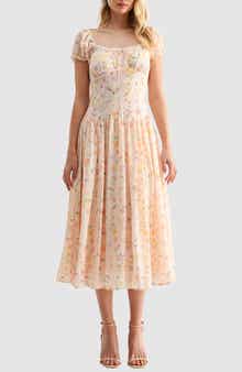 Lush Floral Cap Sleeve Fit & Flare Midi Dress