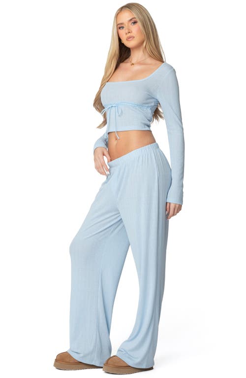 Edikted Ren Pointelle Long Sleeve Crop Top In Light-blue